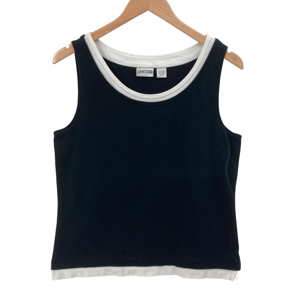 Chico's Black Tank Top Size 2 White Trim Contrast Neckline Cotton Blend